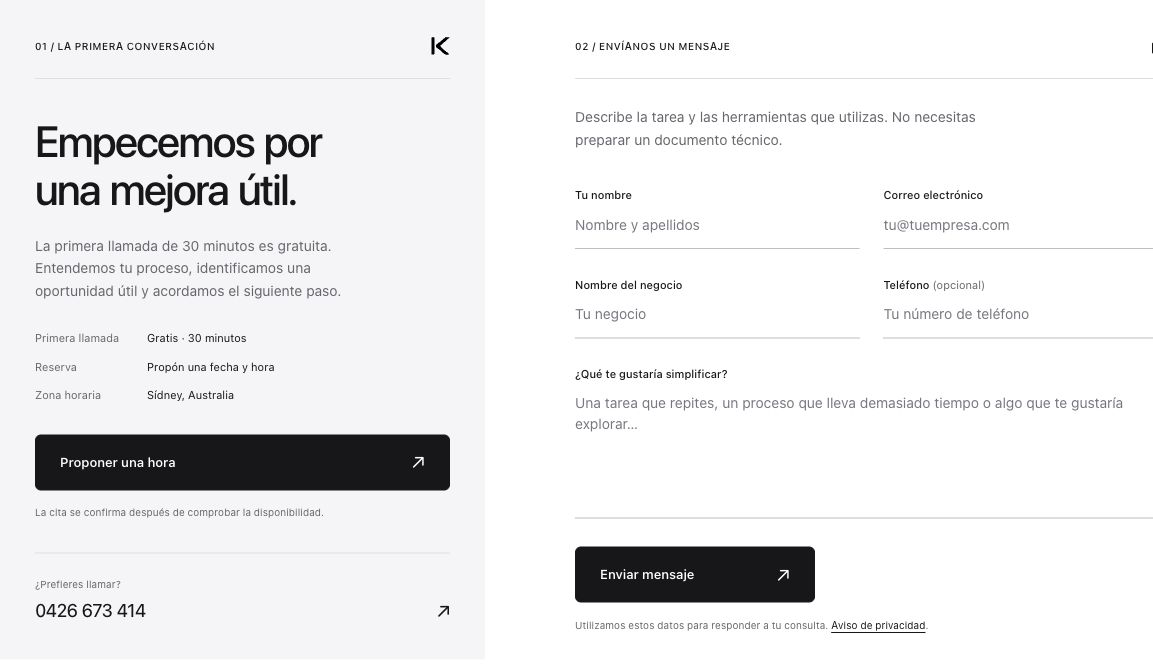 El formulario de consulta y las opciones de reserva de la web de KORPACT